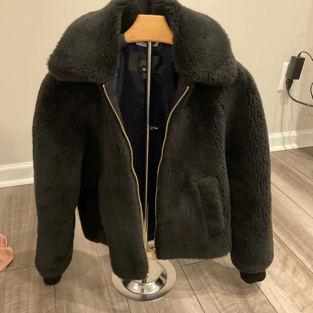 J. Crew Black Faux Fur Bomber Jacket